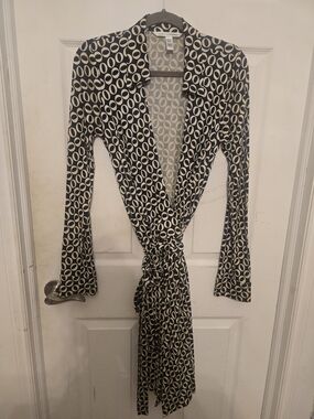 Black and Cream Wrap Dress with Geo Print